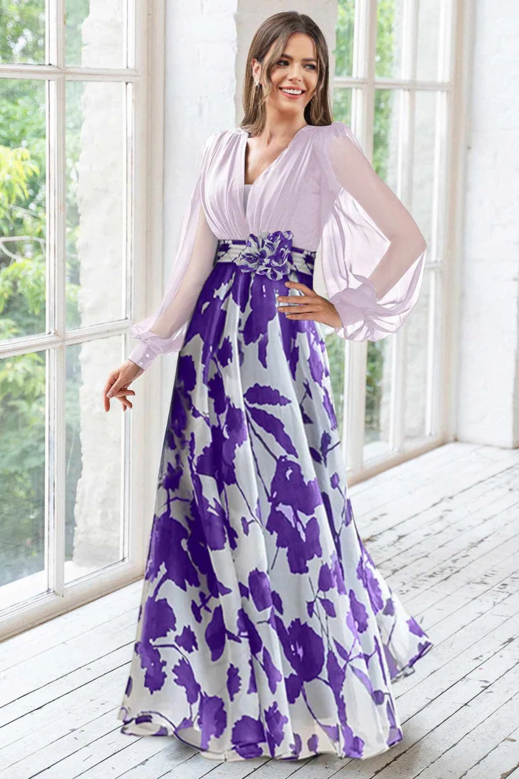 Vestido de Fiesta Largo Estampado Floral Mujer Escote V Manga Globo