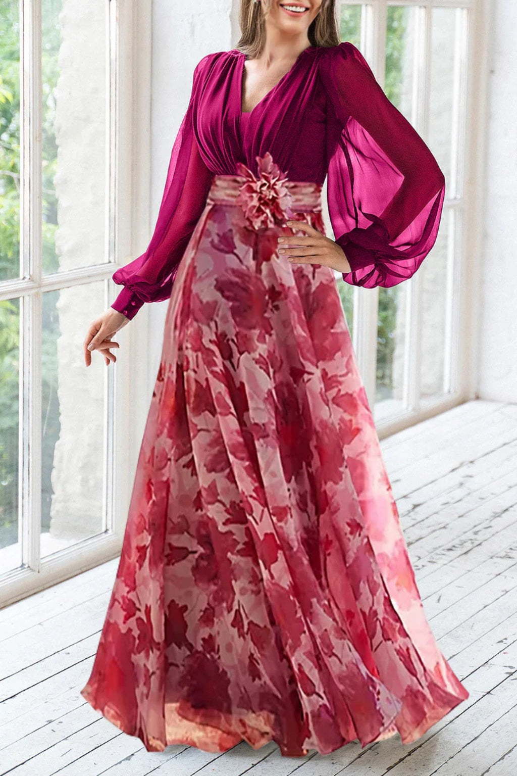 Vestido de Fiesta Largo Estampado Floral Mujer Escote V Manga Globo