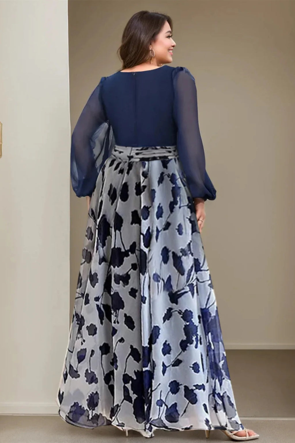 Vestido de Fiesta Largo Estampado Floral Mujer Escote V Manga Globo