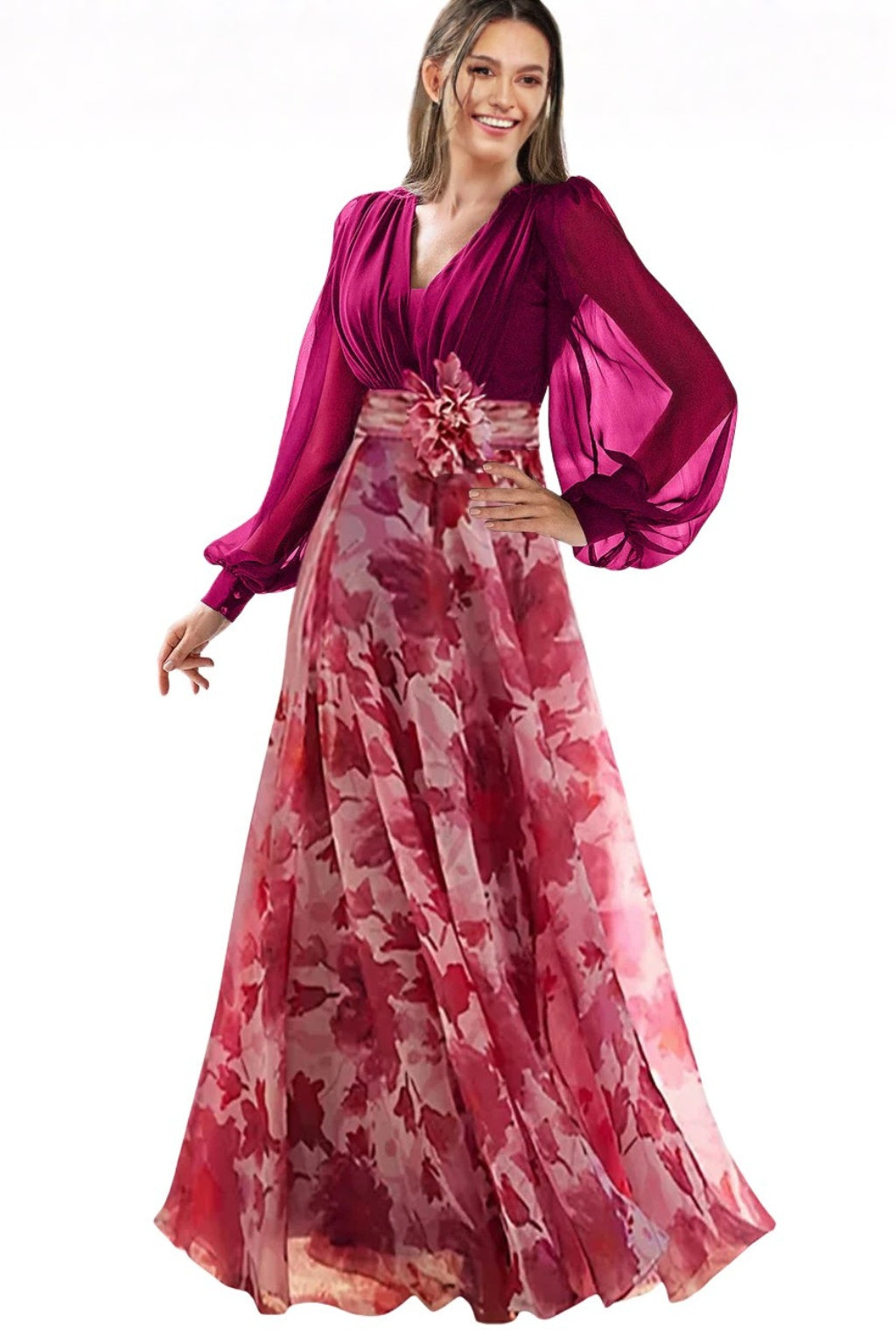 Vestido de Fiesta Largo Estampado Floral Mujer Escote V Manga Globo