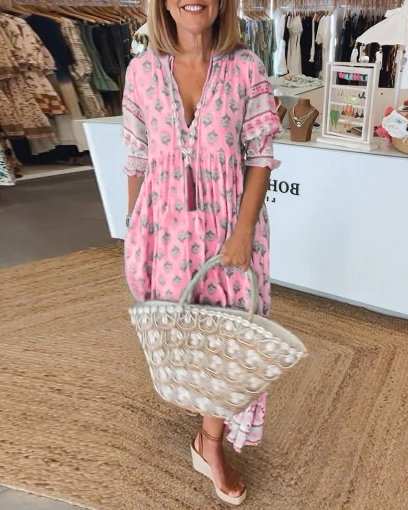 Vestido de Invitada de Boda Estampado Mujer Escote V Cordones