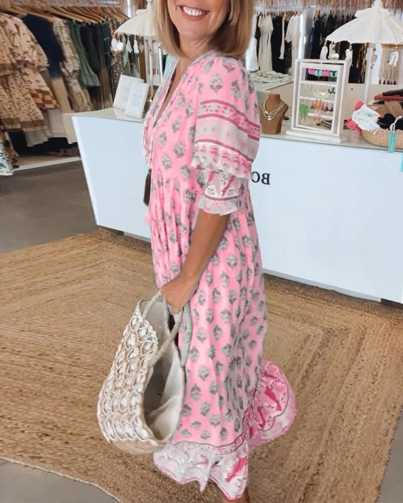 Vestido de Invitada de Boda Estampado Mujer Escote V Cordones