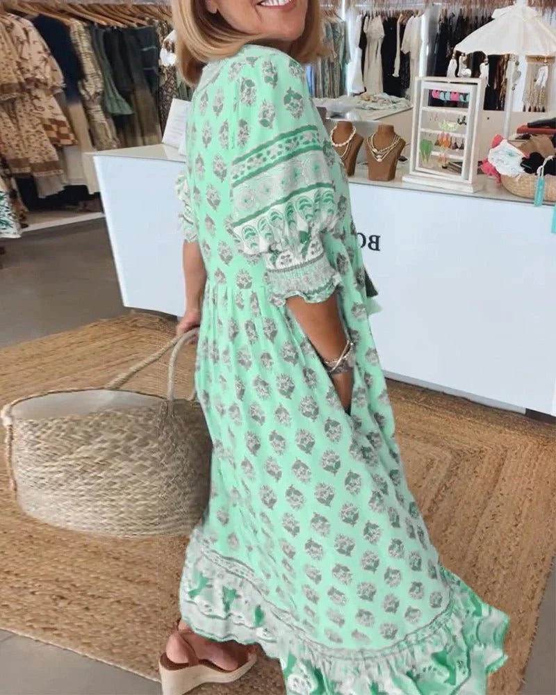 Vestido de Invitada de Boda Estampado Mujer Escote V Cordones
