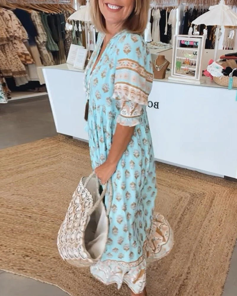 Vestido de Invitada de Boda Estampado Mujer Escote V Cordones