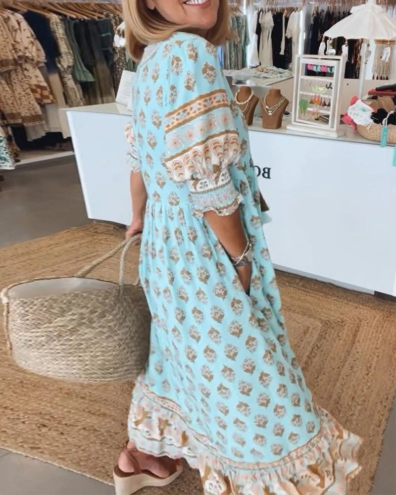 Vestido de Invitada de Boda Estampado Mujer Escote V Cordones