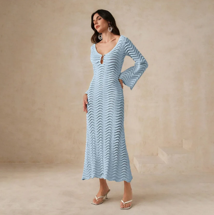 Vestido de Punto Calado Manga Larga Mujer Escote V