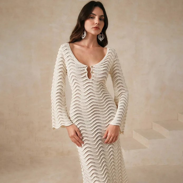 Vestido de Punto Calado Manga Larga Mujer Escote V