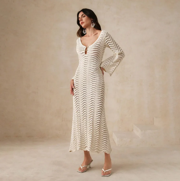 Vestido de Punto Calado Manga Larga Mujer Escote V
