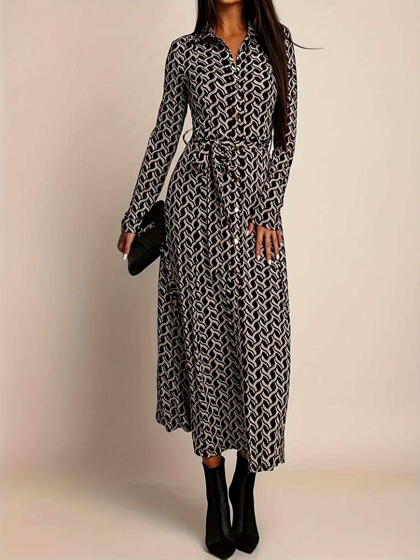 Vestido Largo Camisero Estampado Geométrico Mujer Cinturón