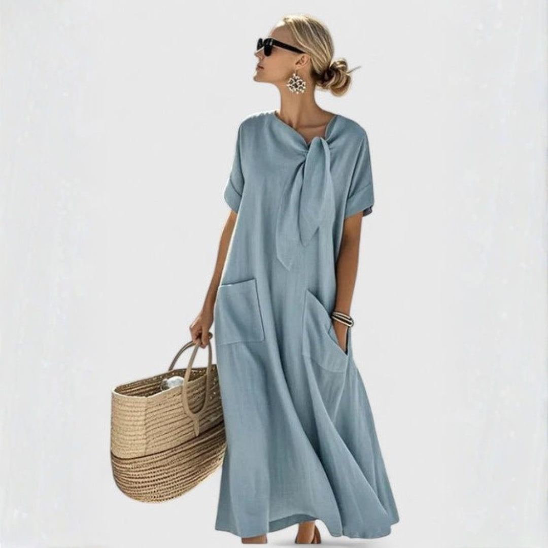 Vestido Largo Casual con Lazo Mujer Bolsillos