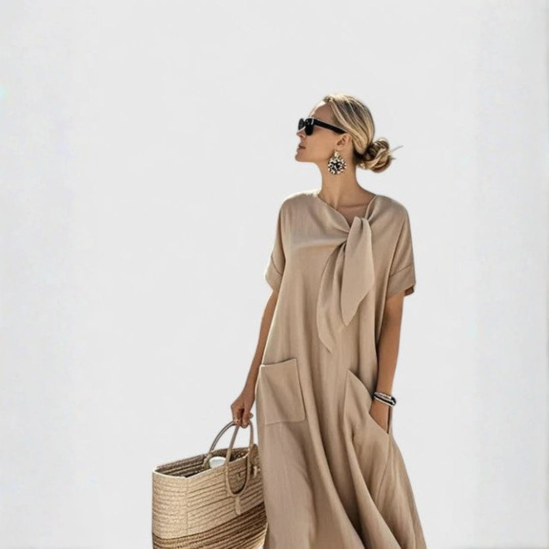 Vestido Largo Casual con Lazo Mujer Bolsillos