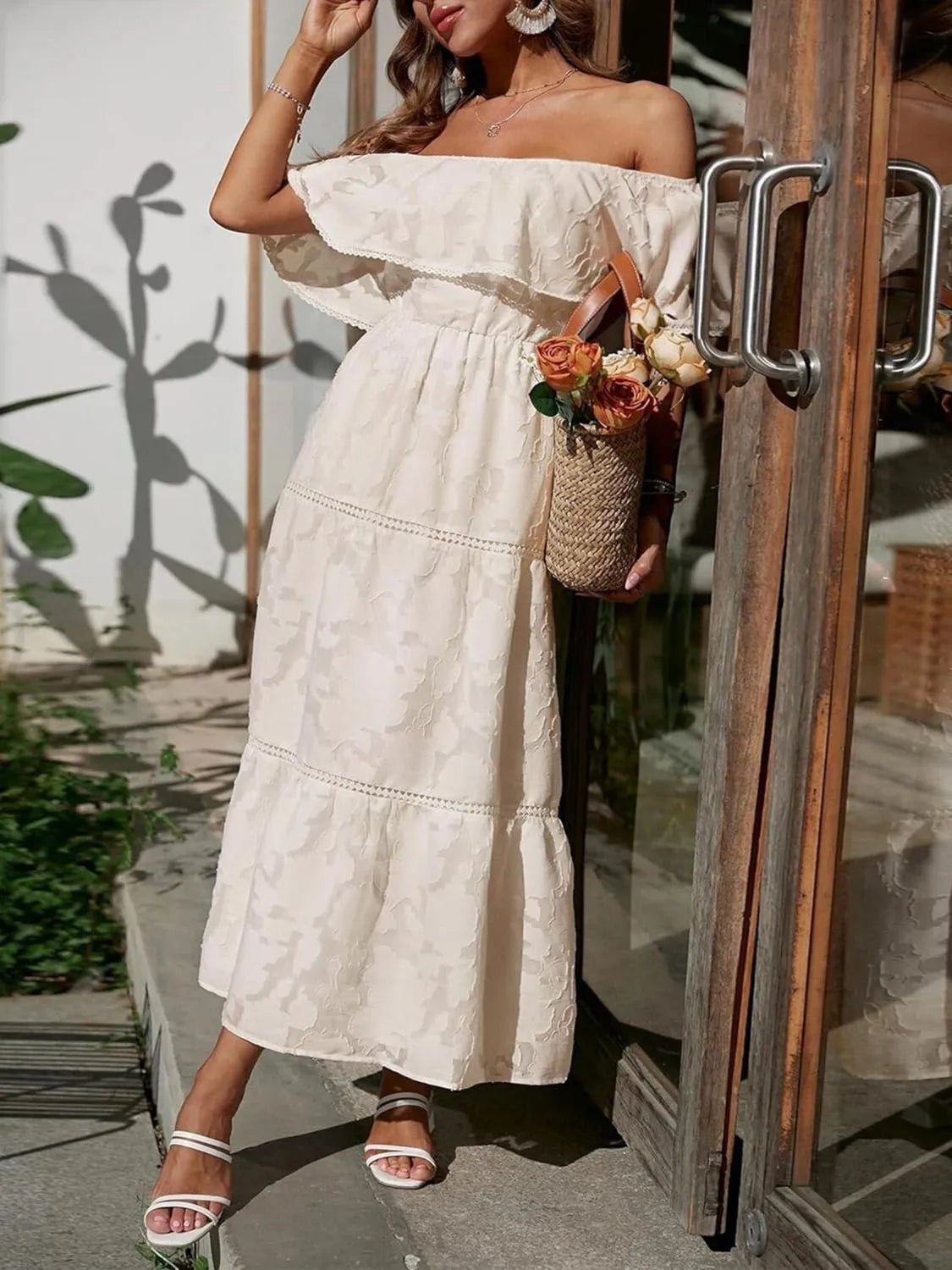 Vestido Largo con Hombros Descubiertos Mujer Volantes