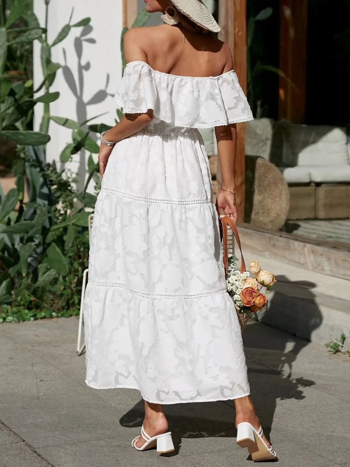Vestido Largo con Hombros Descubiertos Mujer Volantes