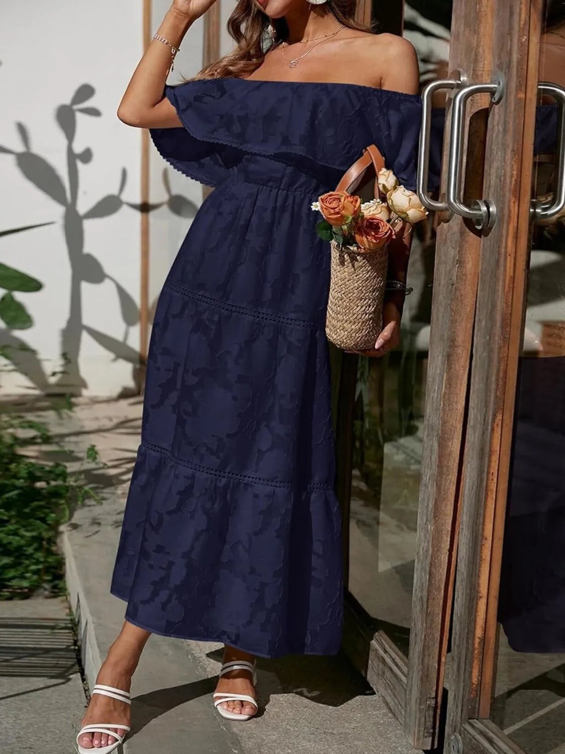 Vestido Largo con Hombros Descubiertos Mujer Volantes