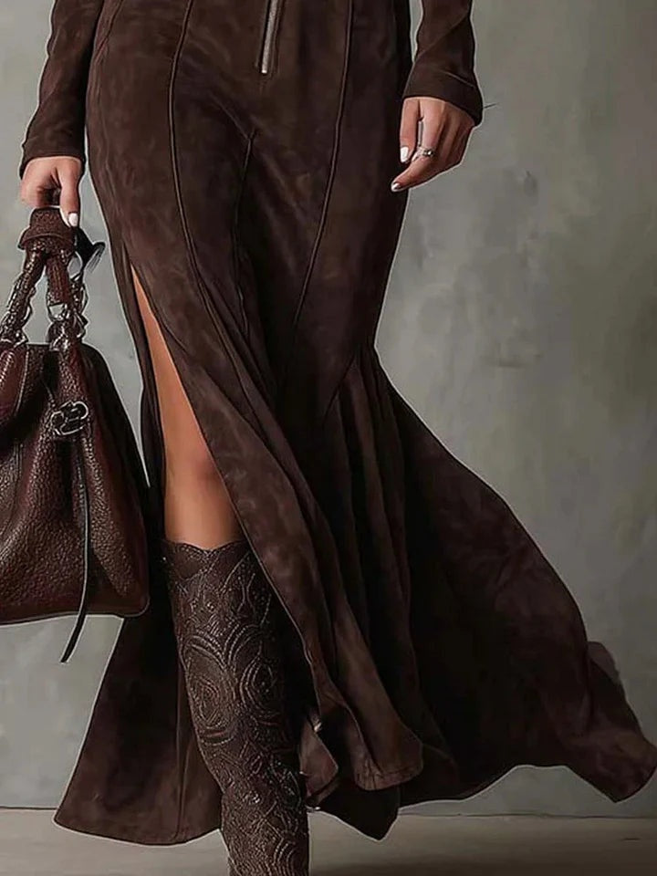 Vestido Largo de Ante con Cremallera Mujer Cinturón
