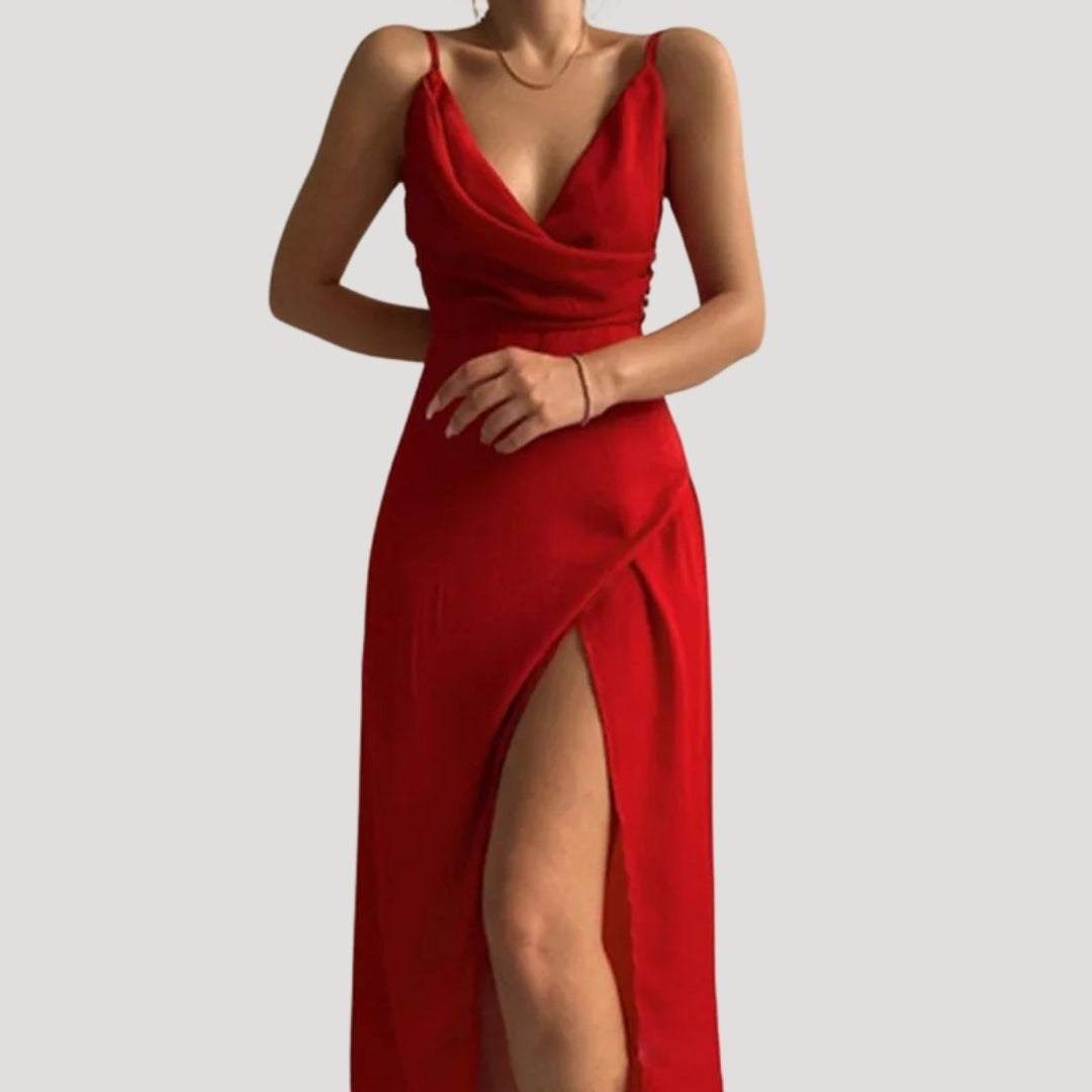Vestido Largo de Cóctel Drapeado Mujer Tirantes Escote V
