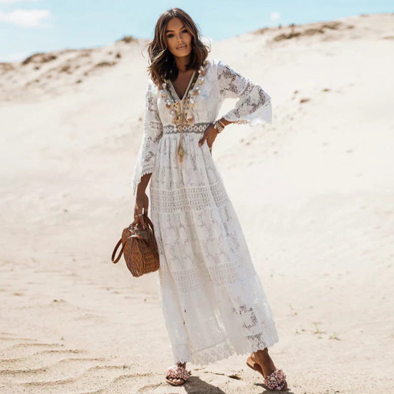 Vestido Largo de Encaje Boho Mujer Manga Larga
