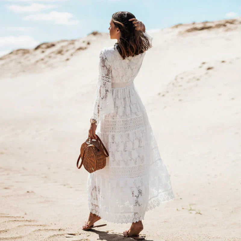 Vestido Largo de Encaje Boho Mujer Manga Larga