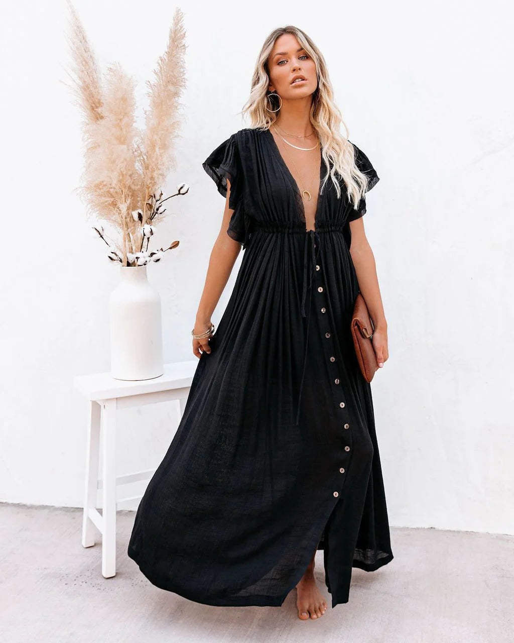 Vestido Largo de Fiesta con Botones Frontales Mujer Escote V
