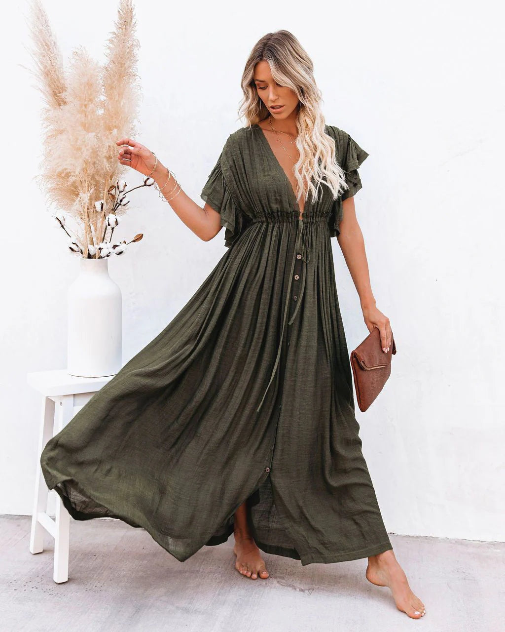 Vestido Largo de Fiesta con Botones Frontales Mujer Escote V