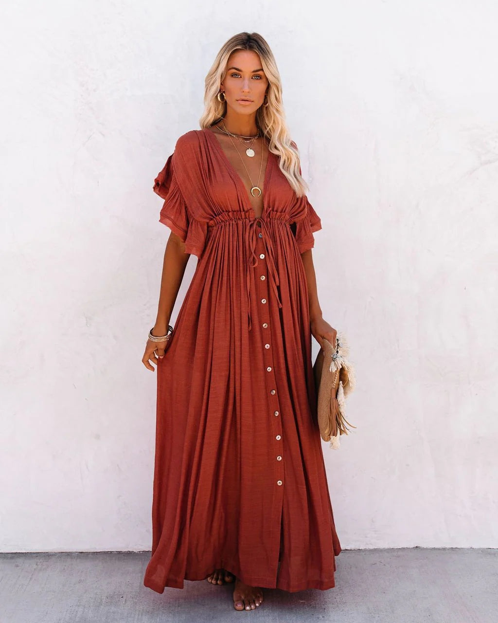 Vestido Largo de Fiesta con Botones Frontales Mujer Escote V