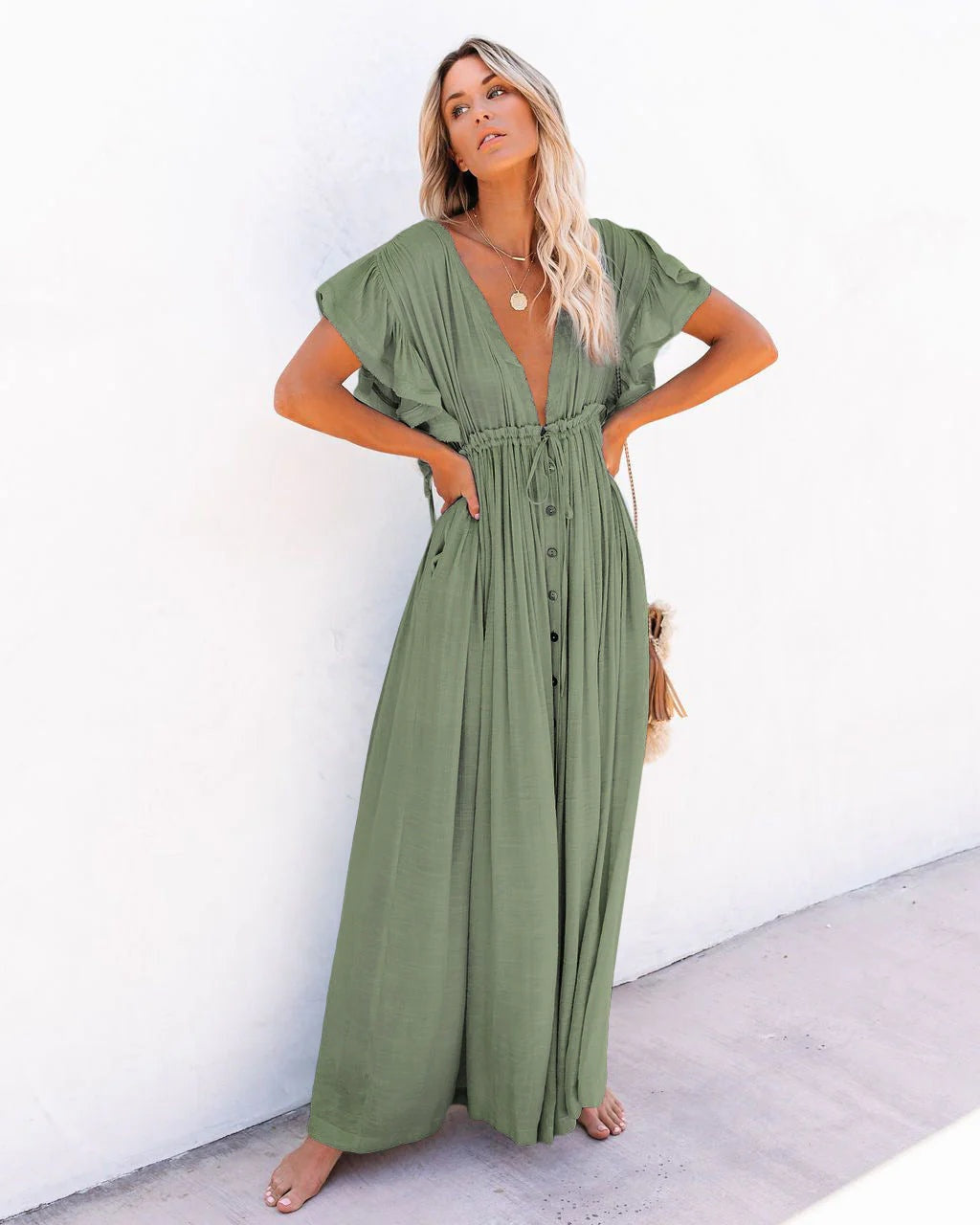 Vestido Largo de Fiesta con Botones Frontales Mujer Escote V