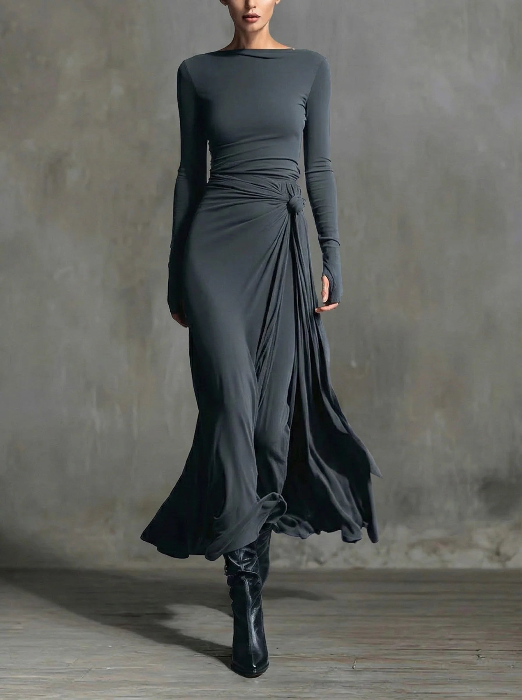 Vestido Largo de Fiesta Drapeado Mujer Manga Larga