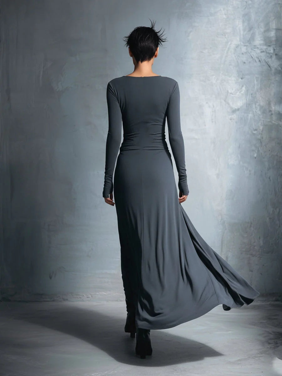 Vestido Largo de Fiesta Drapeado Mujer Manga Larga