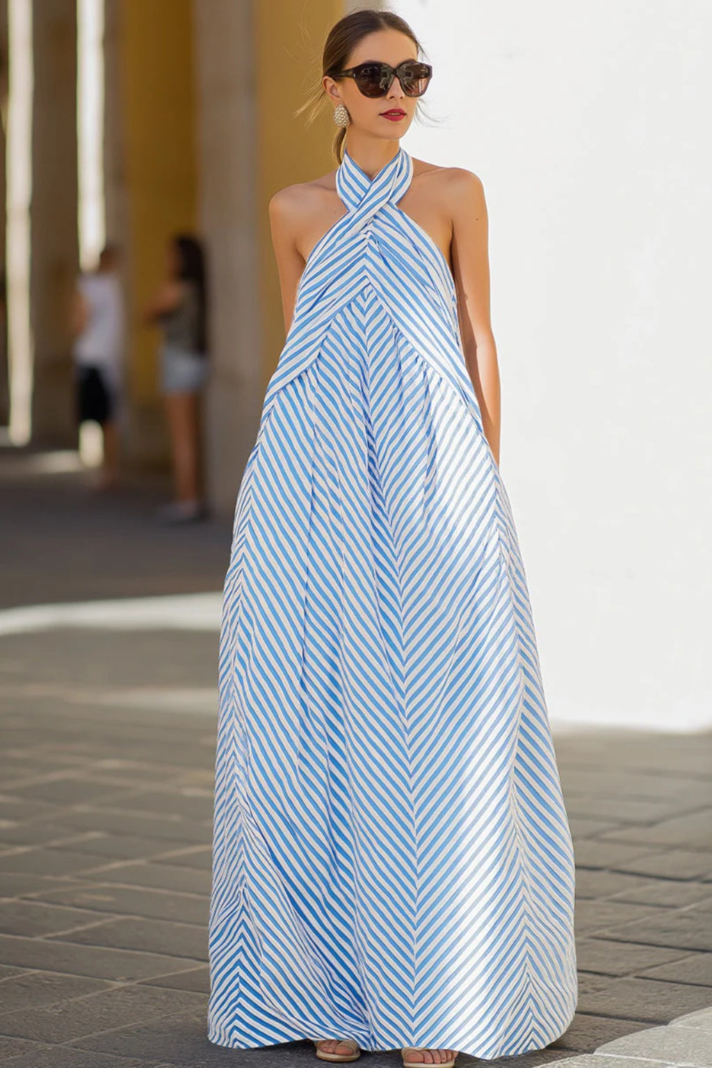 Vestido Largo de Fiesta Estampado Chevron Mujer Escote Halter