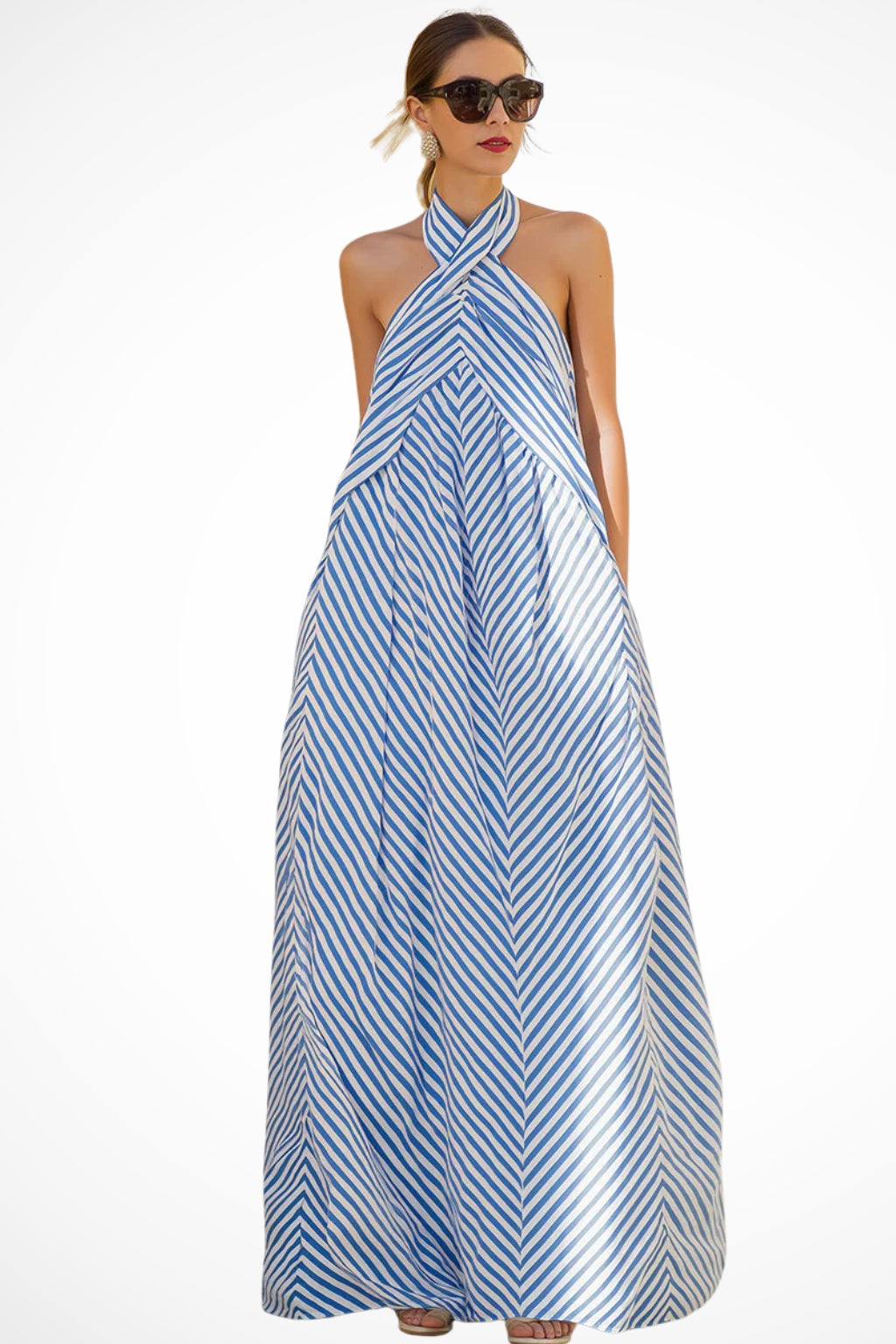 Vestido Largo de Fiesta Estampado Chevron Mujer Escote Halter