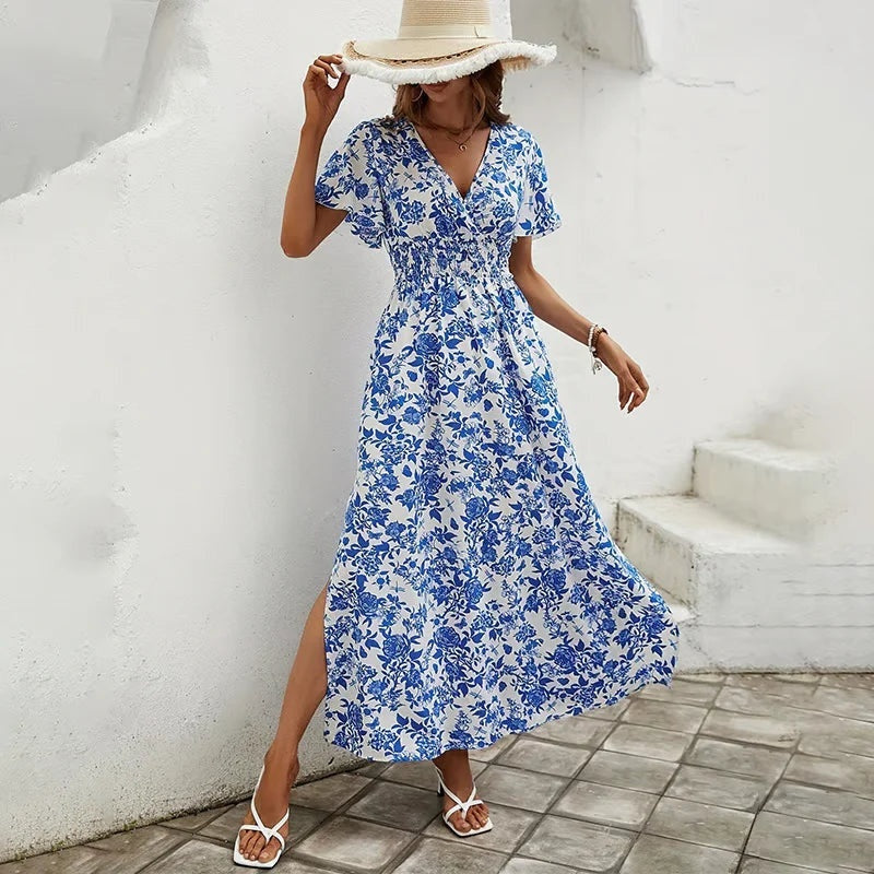 Vestido Largo de Fiesta Estampado Floral Mujer Escote V