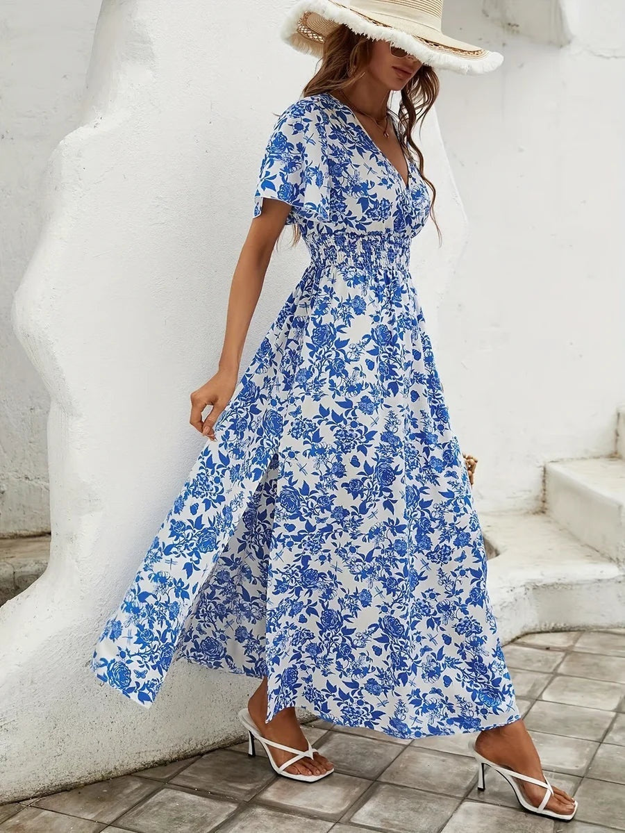 Vestido Largo de Fiesta Estampado Floral Mujer Escote V