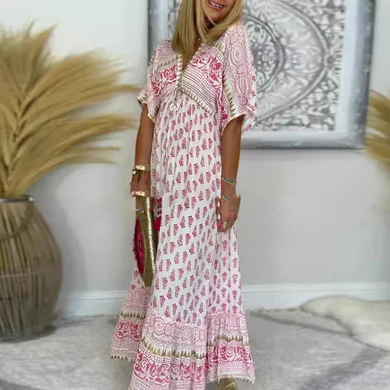 Vestido Largo de Fiesta Estampado Paisley Mujer Borlas