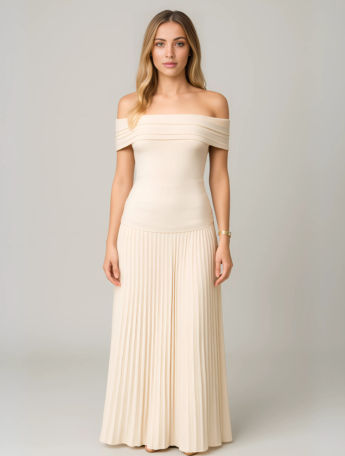 Vestido Largo de Fiesta Hombros Descubiertos Mujer Plisado
