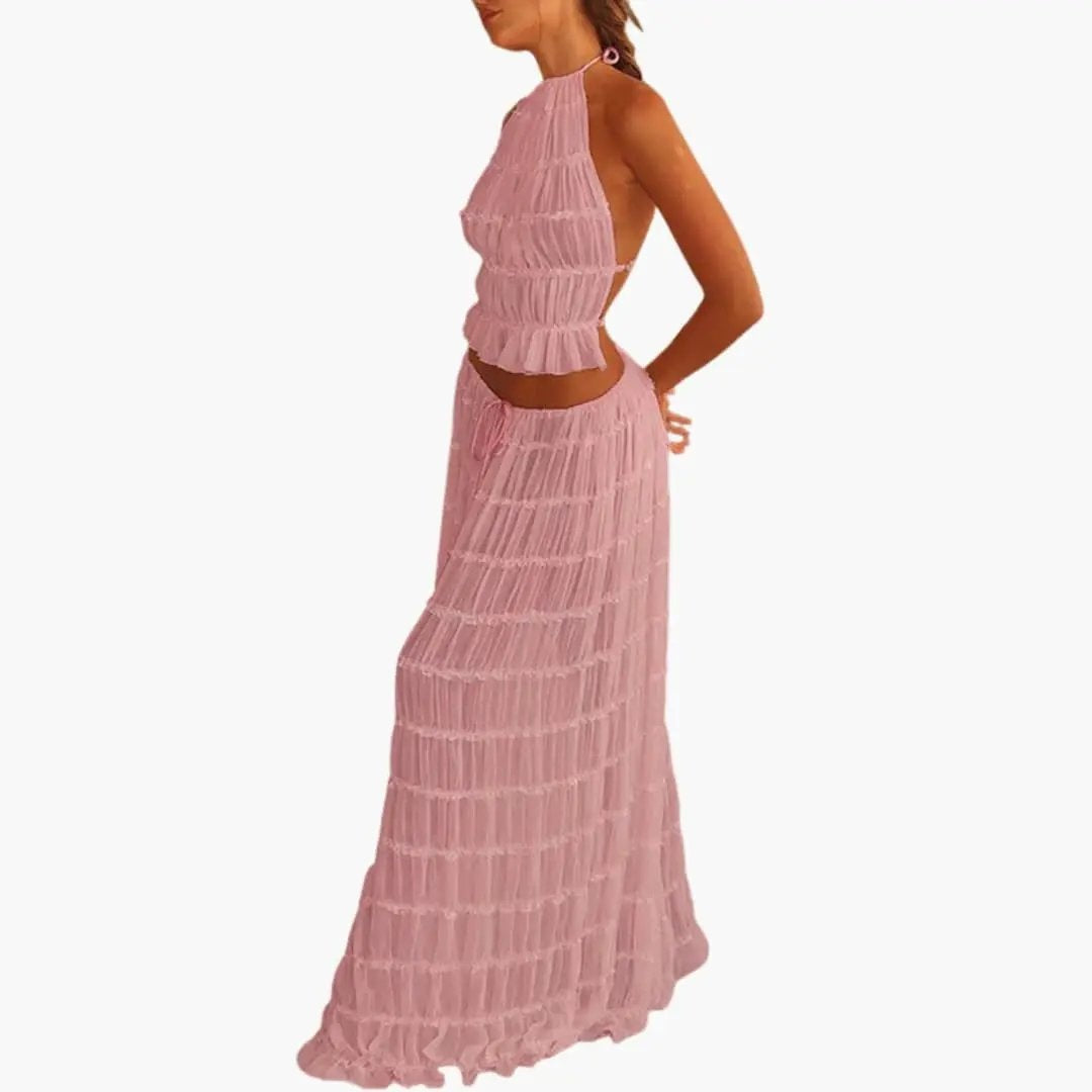 Vestido Largo de Fiesta Mujer Cuello Halter Volantes
