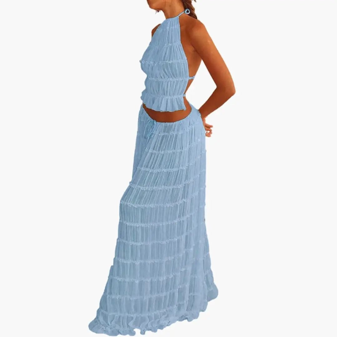 Vestido Largo de Fiesta Mujer Cuello Halter Volantes