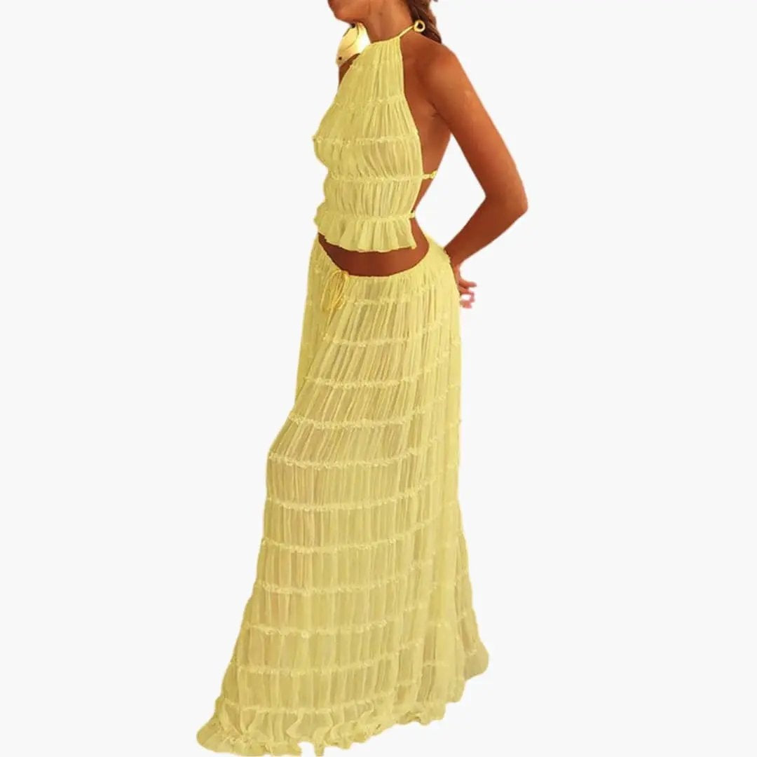 Vestido Largo de Fiesta Mujer Cuello Halter Volantes