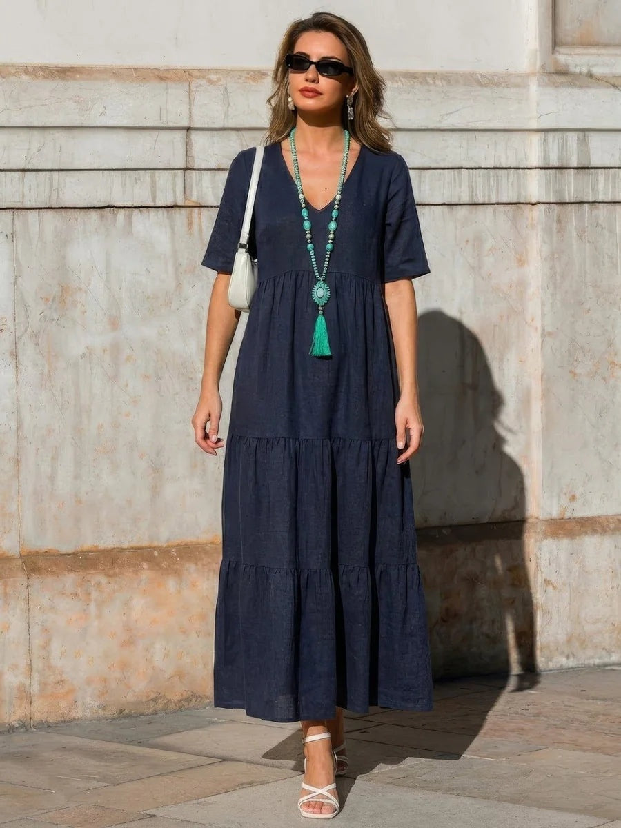 Vestido Largo de Fiesta Mujer Escote V Volantes