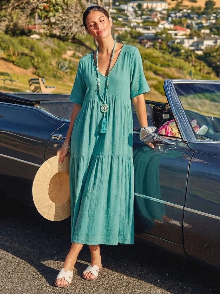 Vestido Largo de Fiesta Mujer Escote V Volantes