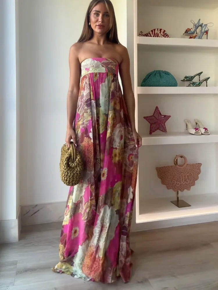 Vestido Largo de Fiesta Mujer Estampado Palabra de Honor