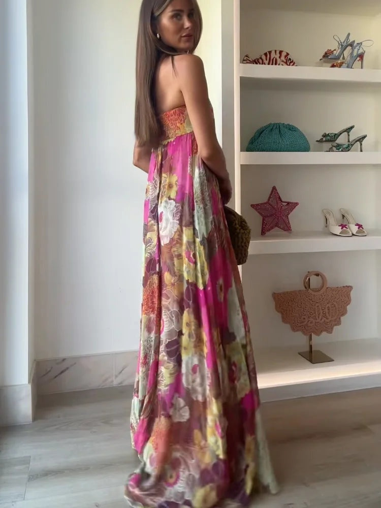 Vestido Largo de Fiesta Mujer Estampado Palabra de Honor