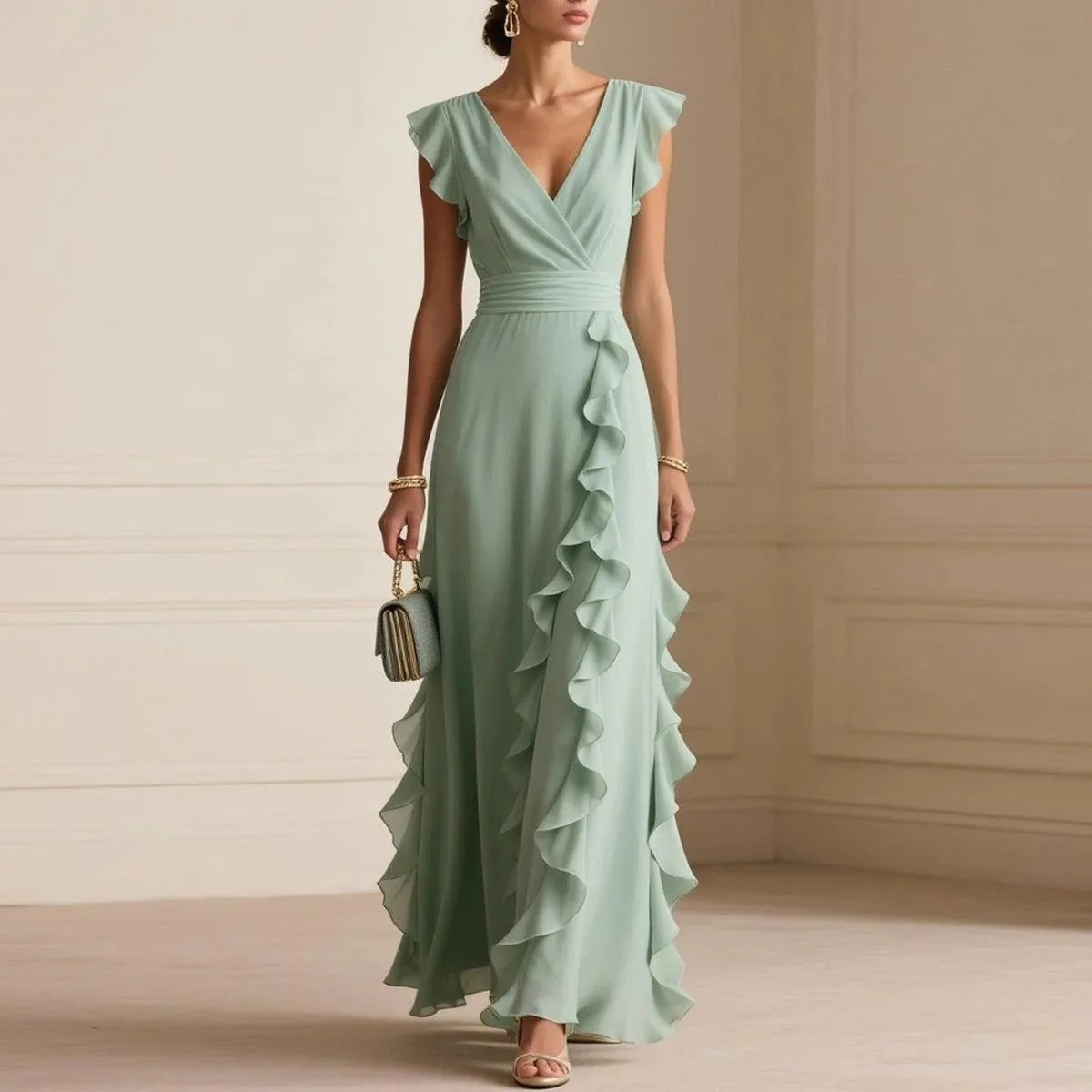 Vestido Largo de Gala con Volantes Mujer Escote V