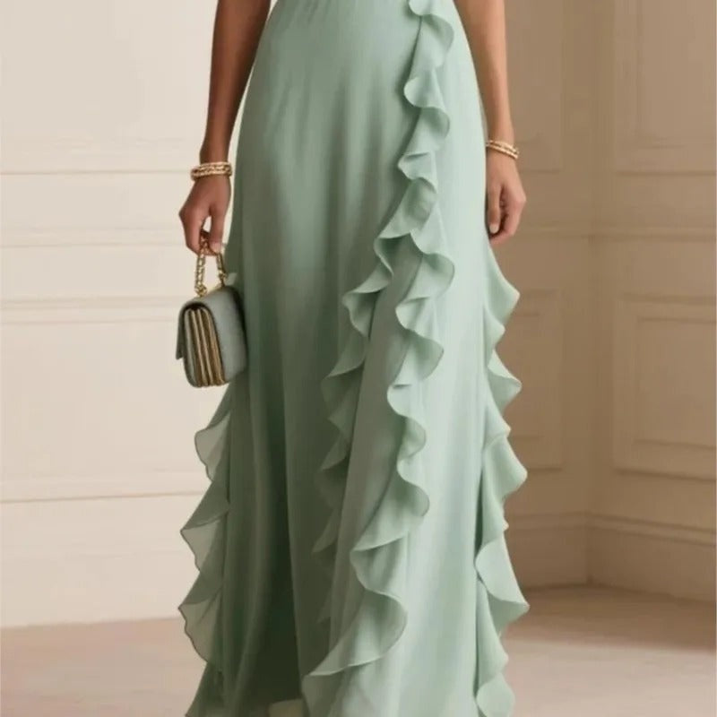 Vestido Largo de Gala con Volantes Mujer Escote V