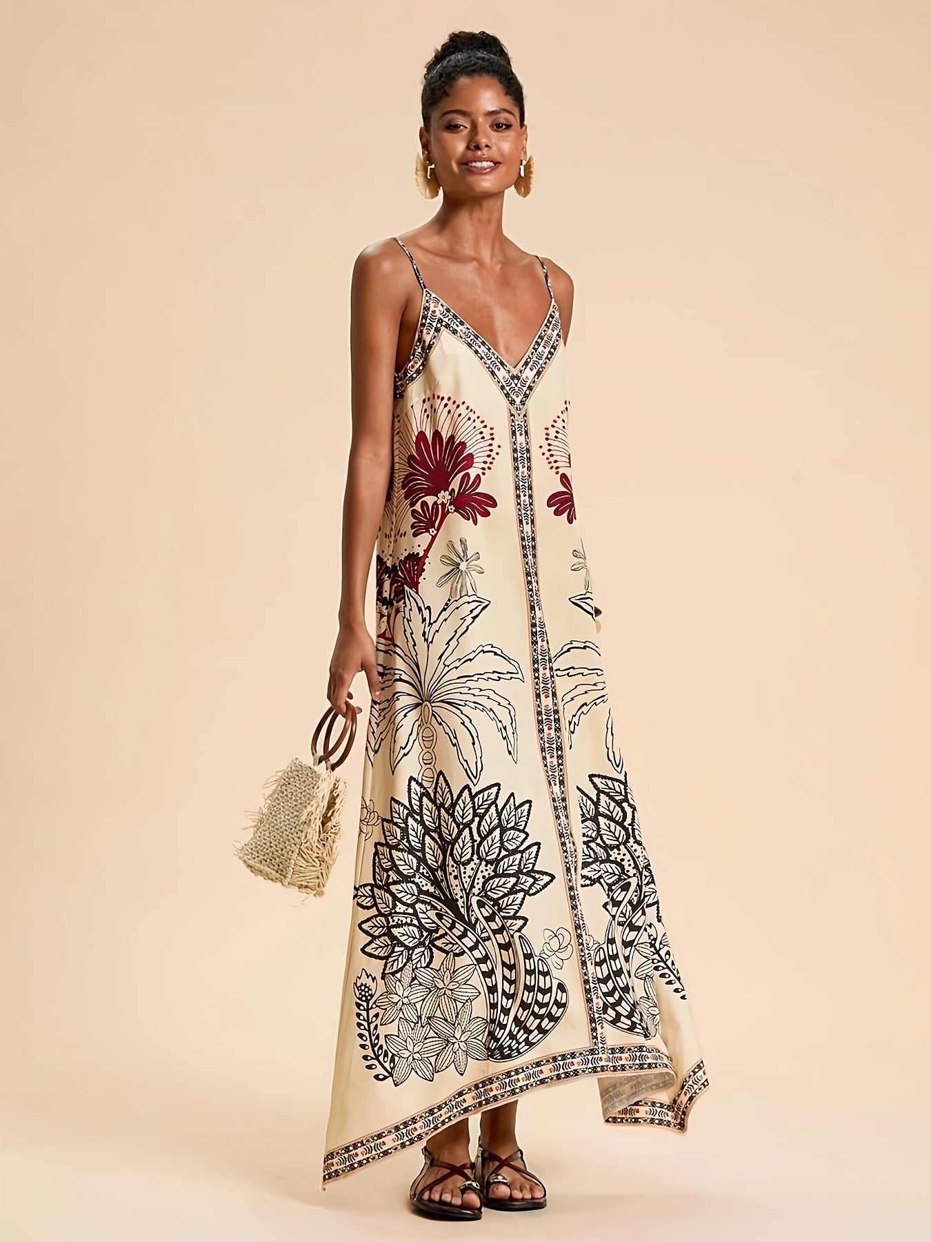 Vestido Largo de Gala Estampado Tropical Mujer Escote V