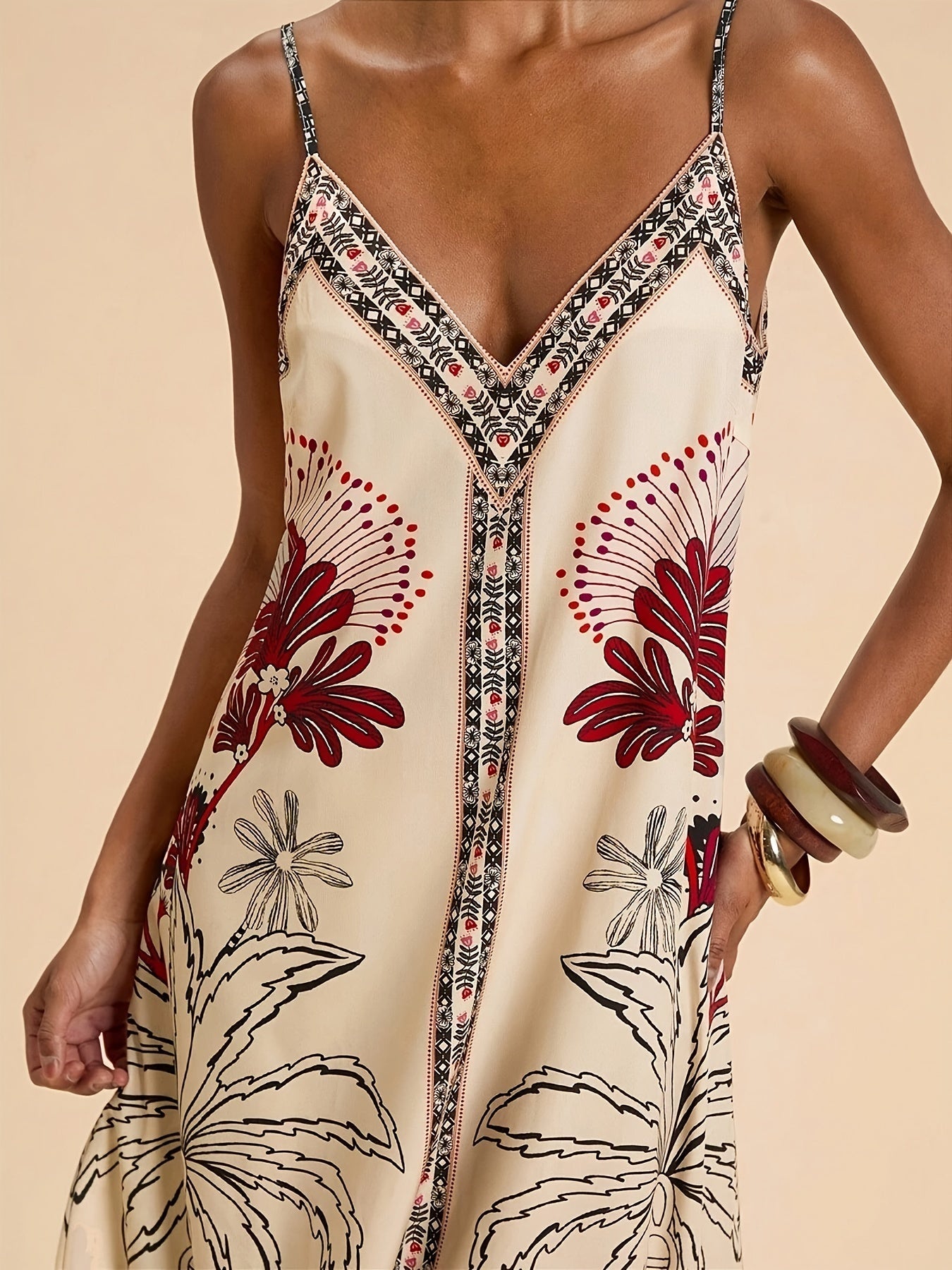 Vestido Largo de Gala Estampado Tropical Mujer Escote V
