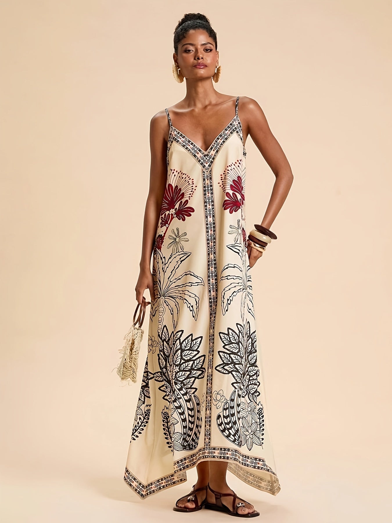 Vestido Largo de Gala Estampado Tropical Mujer Escote V