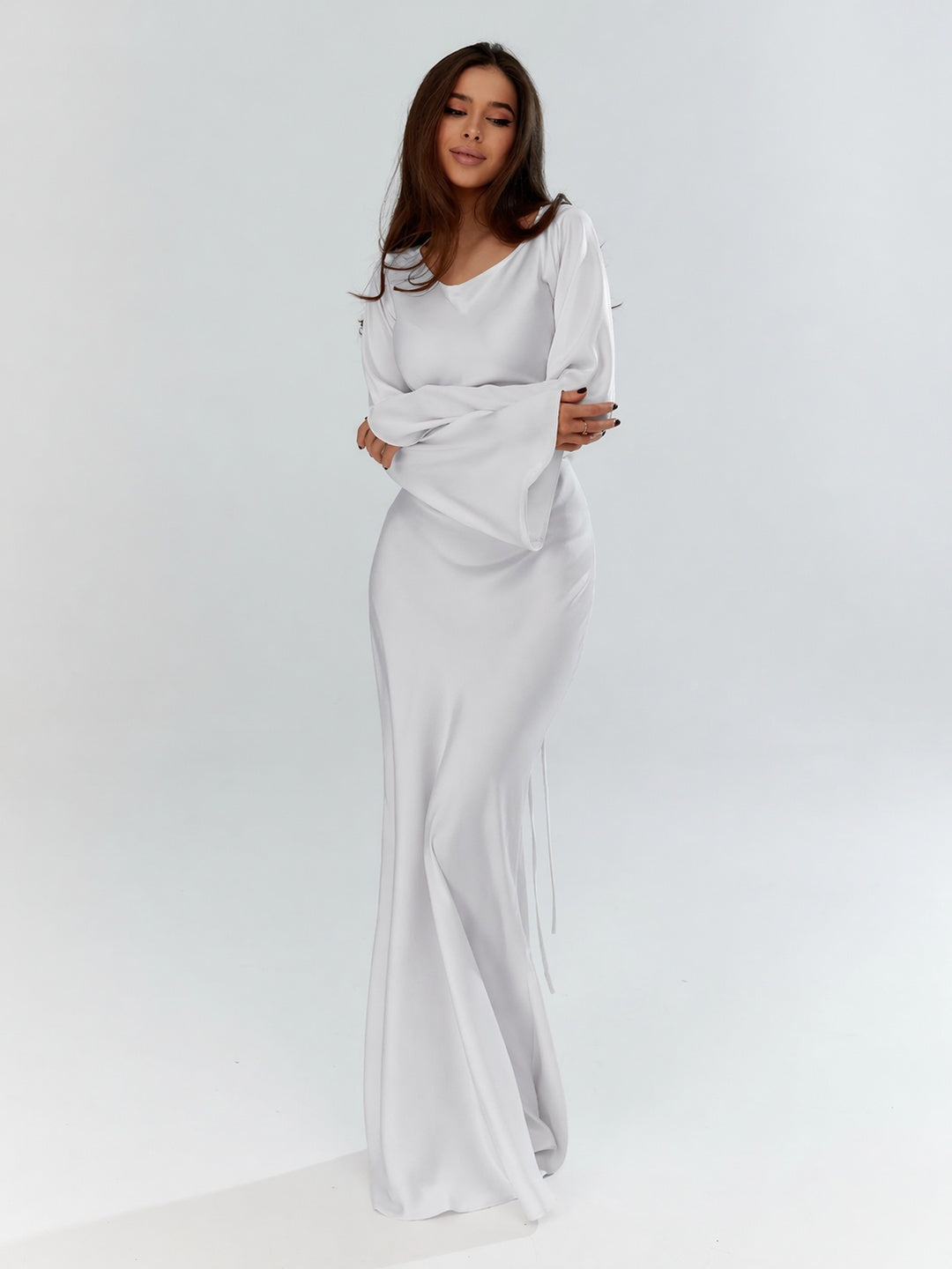 Vestido Largo de Gala Mujer Manga Larga Escote Redondo