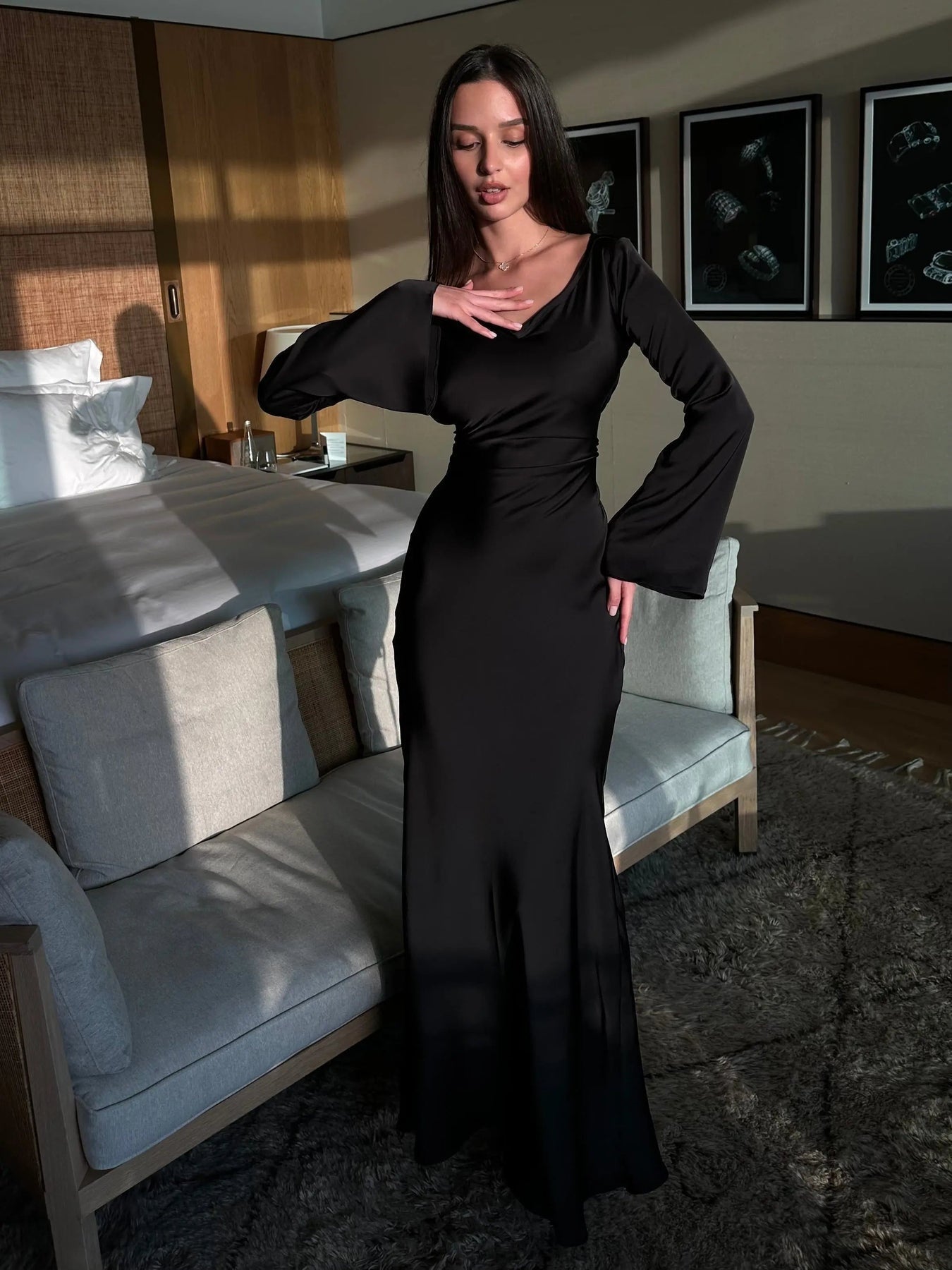 Vestido Largo de Gala Mujer Manga Larga Escote Redondo