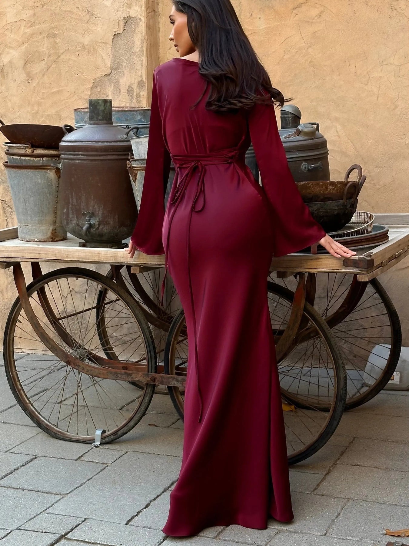 Vestido Largo de Gala Mujer Manga Larga Escote Redondo