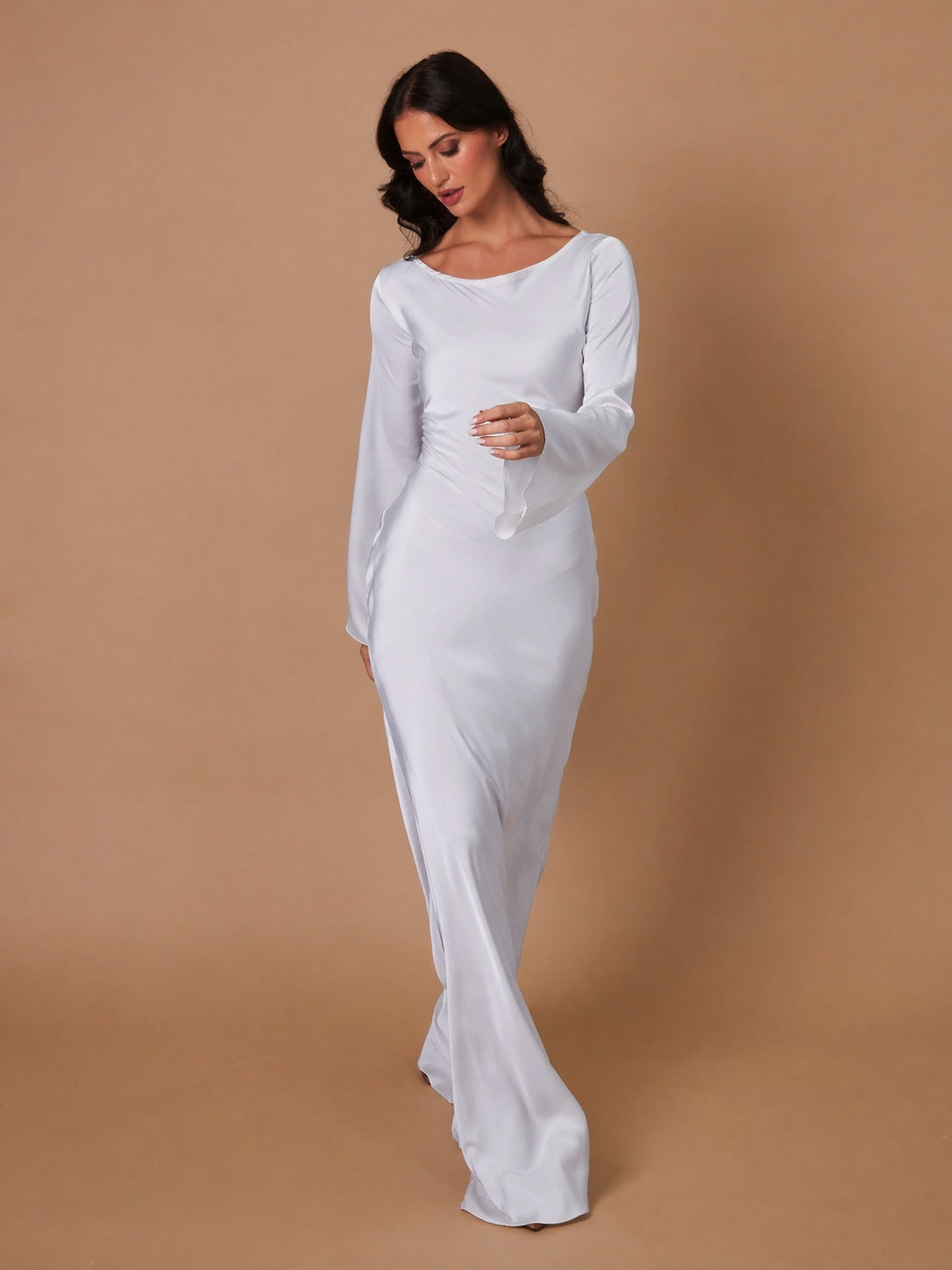 Vestido Largo de Gala Mujer Manga Larga Escote Redondo